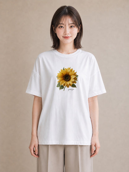Tシャツ レディース ひまわり 向日葵 花 花柄 イラスト ミニマル 買い物 夏コーデ 白T YMAZO