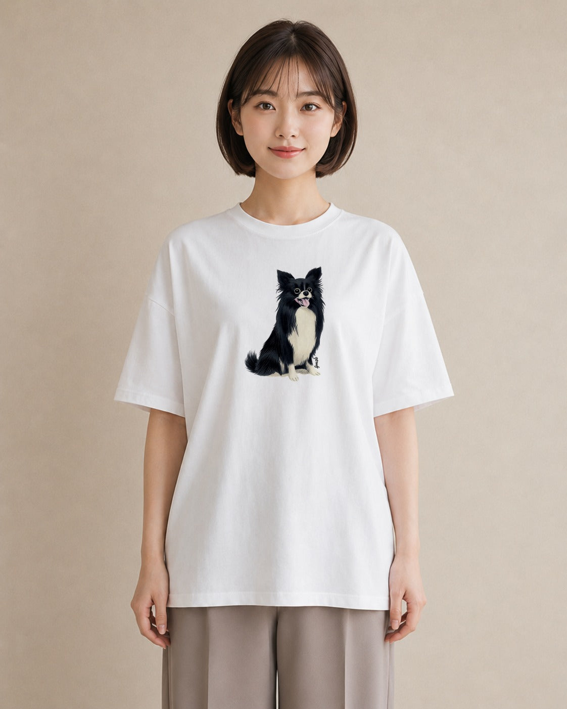 プリントTシャツ レディース ロングコートチワワ 犬 いぬ イラスト 手描き風 ルームウェア ギフト 白T YMAZO