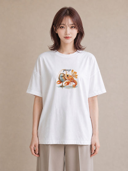 グラフィックTシャツ レディース エビ 海の生き物 海 イラスト ミニマル 綿100 デート 白T YMAZO