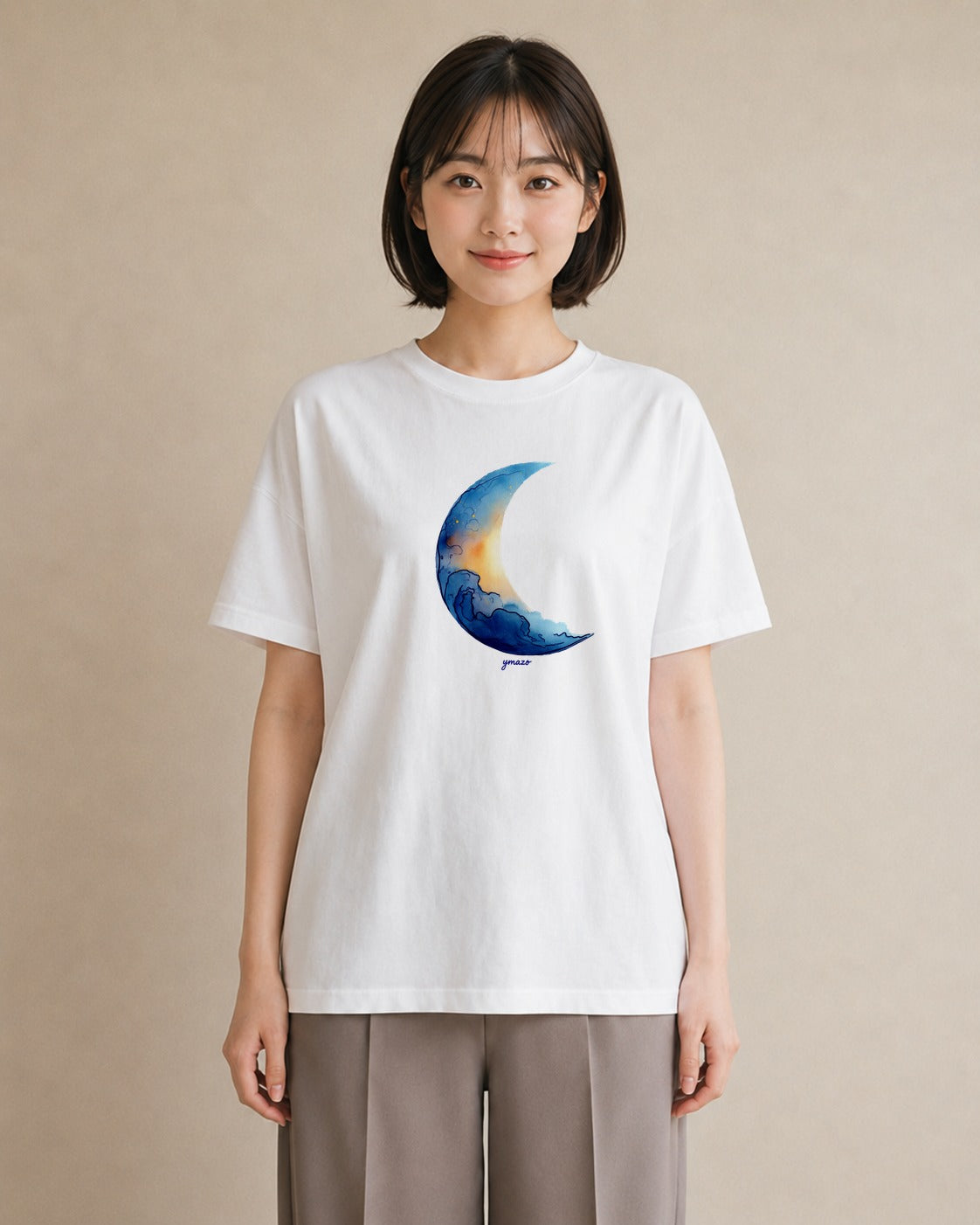 デザインTシャツ レディース 満月 星空 宇宙 イラスト ポップ 送別ギフト 通勤 白T YMAZO