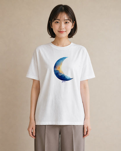デザインTシャツ レディース 満月 星空 宇宙 イラスト ポップ 送別ギフト 通勤 白T YMAZO