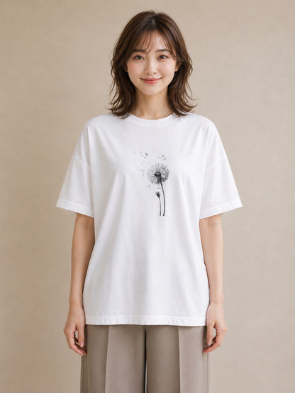 半袖Tシャツ レディース たんぽぽ 花 花柄 イラスト ラフカジュアル 週末コーデ 敬老の日 白T YMAZO