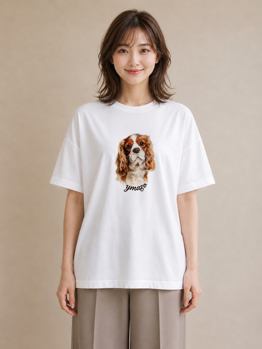 半袖Tシャツ レディース キャバリア 犬 いぬ イラスト ゆるかわ 帰省 ラフ 白T YMAZO