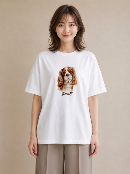 半袖Tシャツ レディース キャバリア 犬 いぬ イラスト ゆるかわ 帰省 ラフ 白T YMAZO