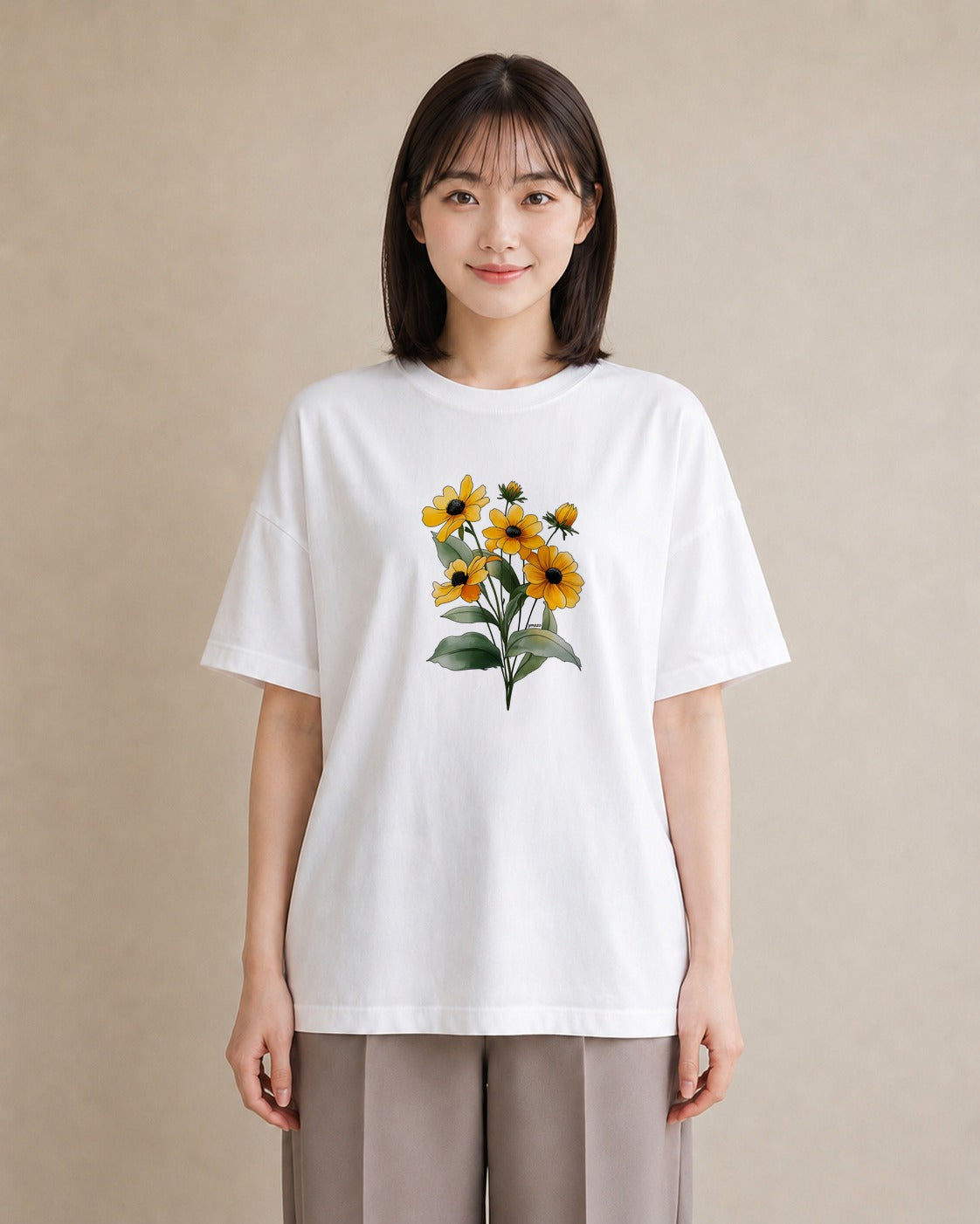 半袖Tシャツ レディース ひまわり 向日葵 花 花柄 イラスト ポップ ビーチ デイリーウェア 白T YMAZO
