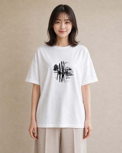 半袖Tシャツ レディース 小川 橋 せせらぎ ナチュラル アンティーク イラスト きれいめカジュアル 海 カフェ巡り 白T YMAZO