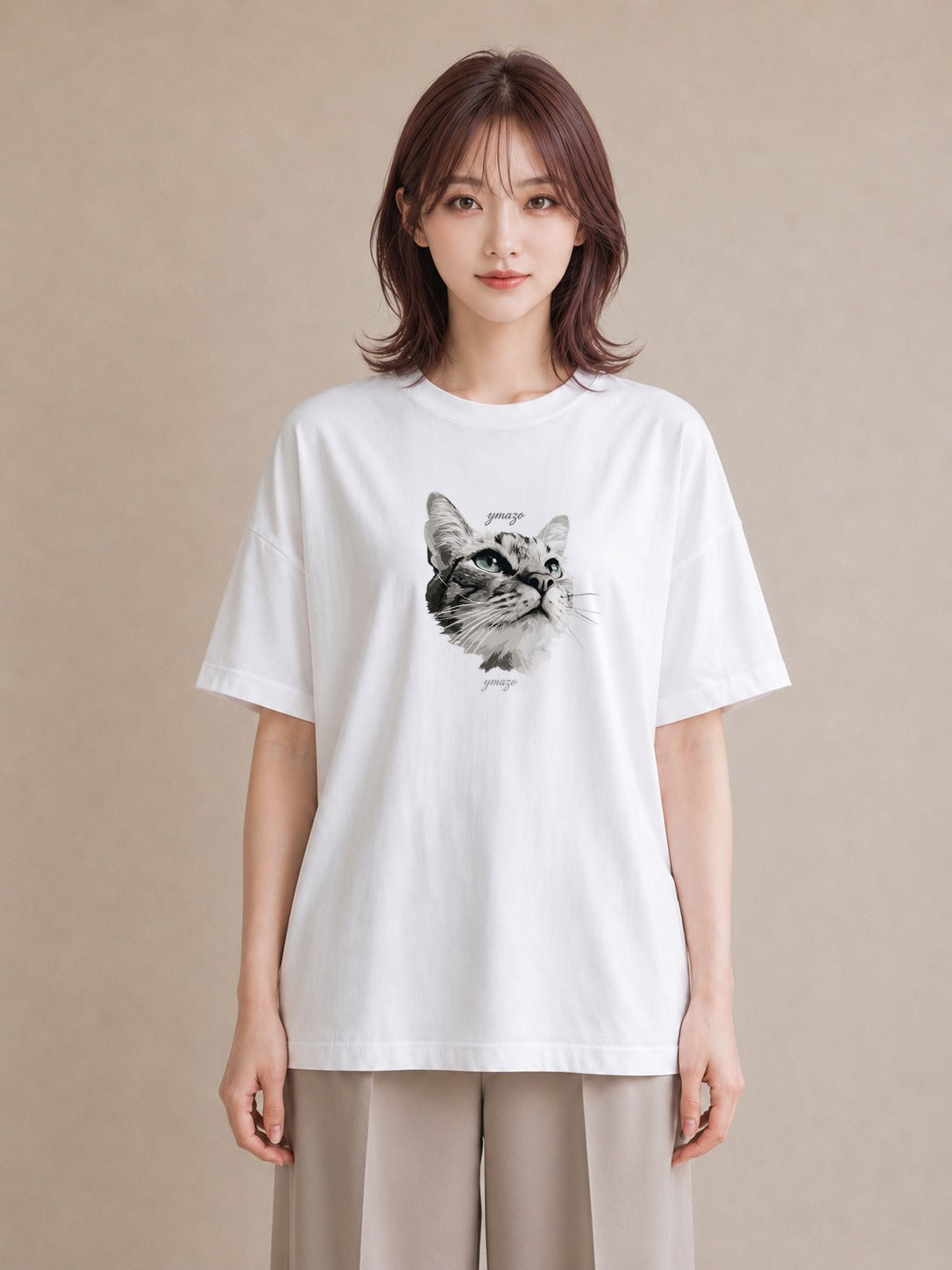 プリントTシャツ レディース 猫 ねこ イラスト ユニーク レイヤード 友達ギフト 白T YMAZO