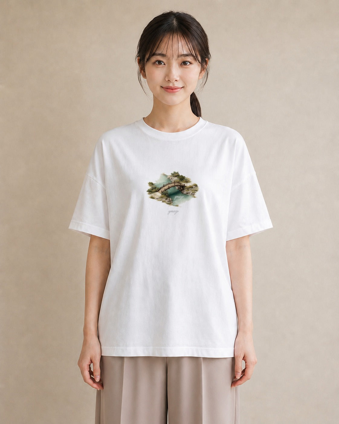 プリントTシャツ レディース 桟橋 水辺 波止場 ナチュラル アンティーク イラスト 韓国風 在宅 公園 白T YMAZO