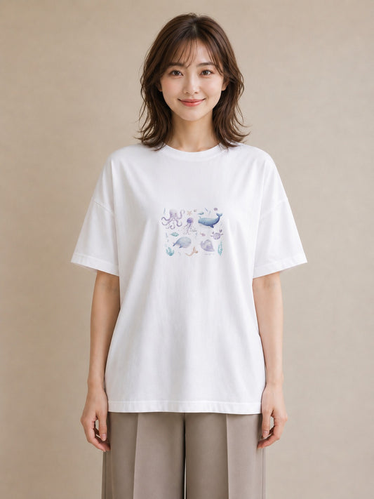 グラフィックTシャツ レディース クジラ 海の生き物 海 イラスト 休日 ペアコーデ 白T YMAZO