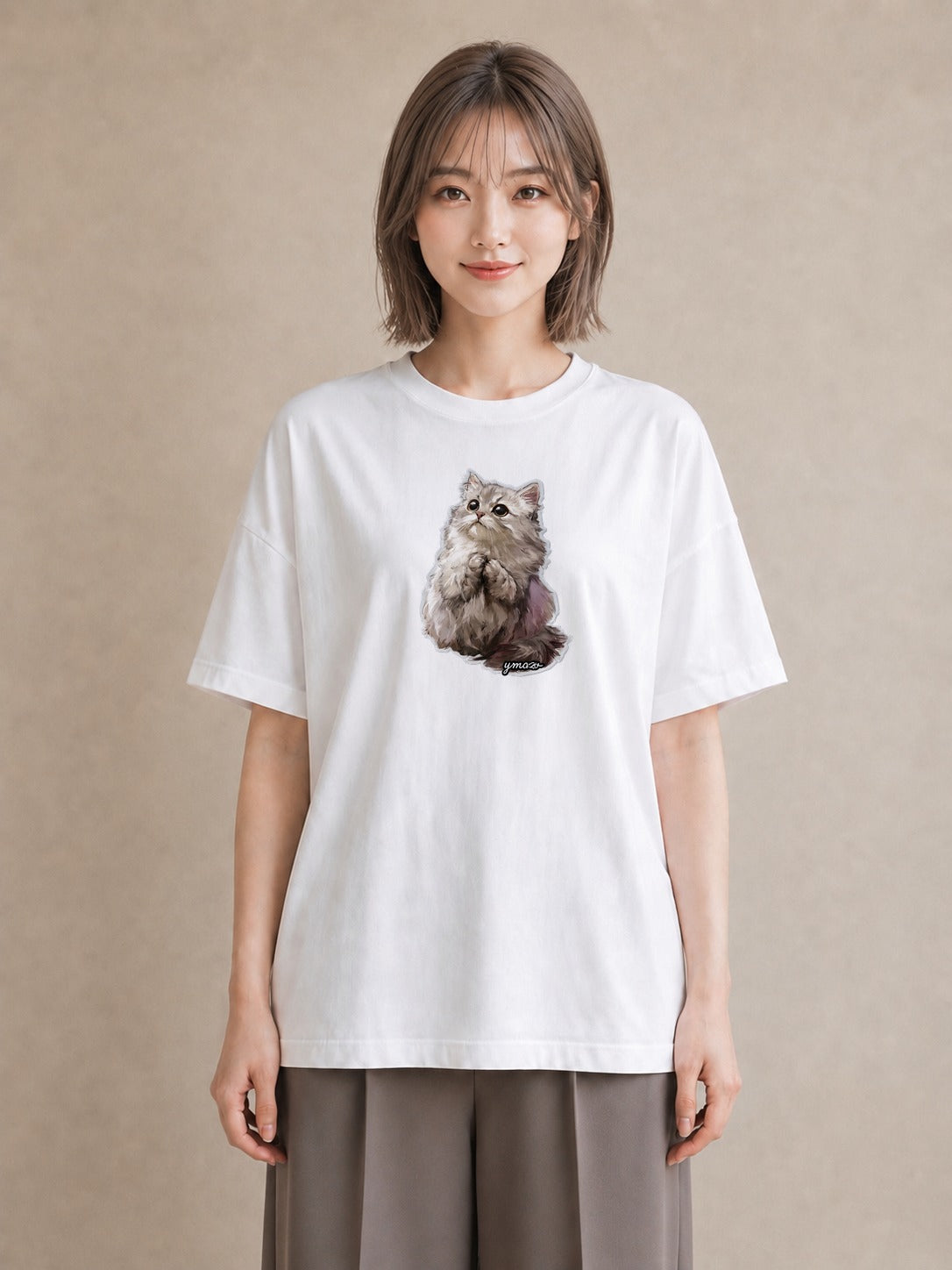 半袖Tシャツ レディース ソマリ 猫 ねこ イラスト 上品 デイリーウェア 休日 白T YMAZO