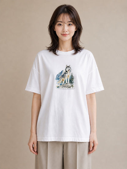 デザインTシャツ レディース シベリアンハスキー 犬 いぬ イラスト 手描き風 ギフト 母の日 白T YMAZO