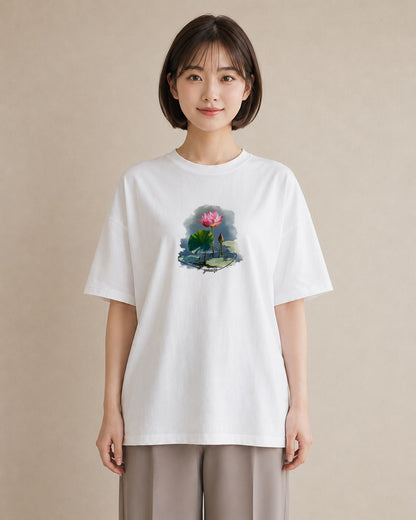 プリントTシャツ レディース 蓮 花 花柄 イラスト 線画 デイリーウェア 休日 白T YMAZO
