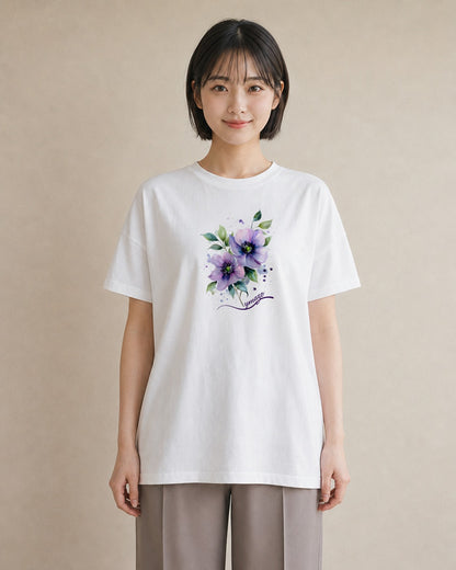 Tシャツ レディース スミレ 花 花柄 イラスト 線画 レイヤード 友達ギフト 白T