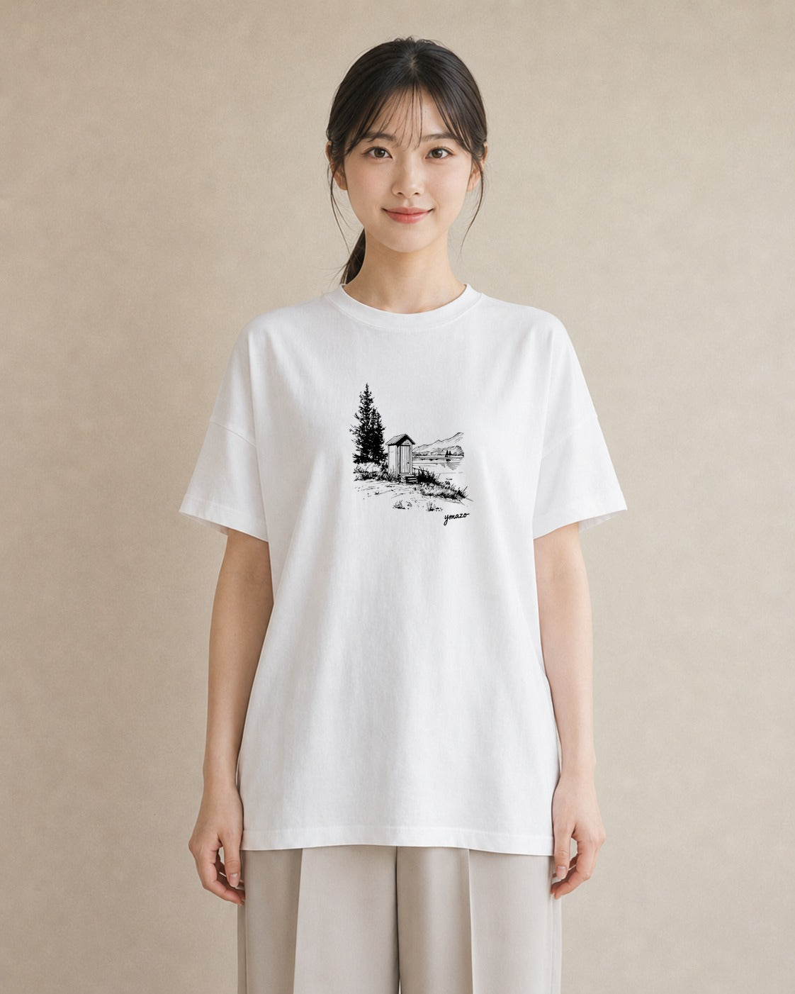 グラフィックTシャツ レディース 湖畔の小屋 湖 小屋 ナチュラル アンティーク イラスト 手描き風 秋コーデ おしゃれギフト 白T YMAZO