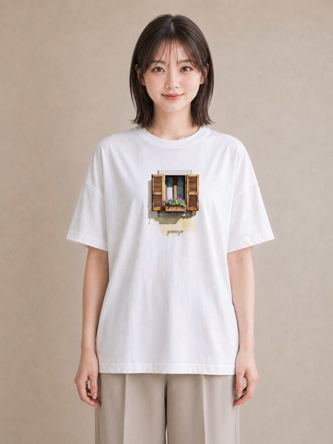 グラフィックTシャツ レディース 窓辺の雨 雨の日 窓 ナチュラル アンティーク イラスト 個性的 デイリーウェア 休日 白T YMAZO