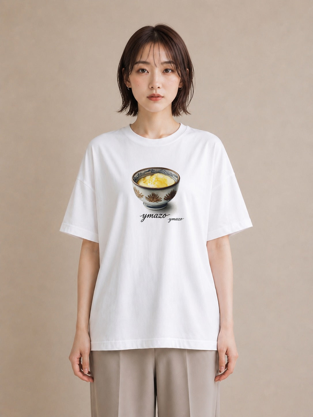 半袖Tシャツ レディース プリン 食べ物 フード イラスト 線画 旅行用 海 白T YMAZO
