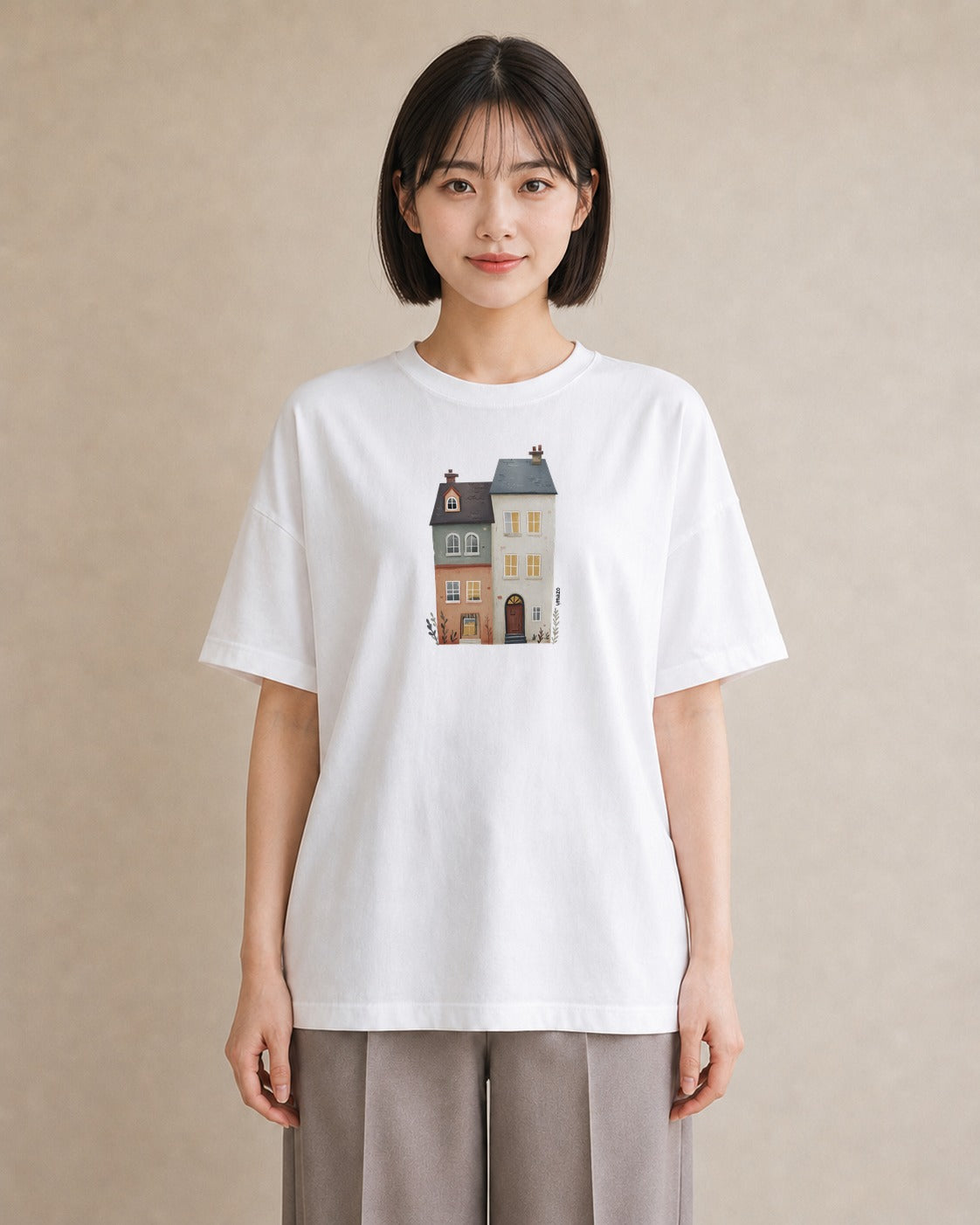 デザインTシャツ レディース 夕暮れ バルコニー 夕焼け ナチュラル アンティーク イラスト ゆるコーデ 旅行 母娘コーデ 白T YMAZO