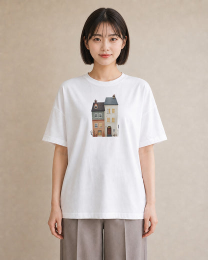 デザインTシャツ レディース 夕暮れ バルコニー 夕焼け ナチュラル アンティーク イラスト ゆるコーデ 旅行 母娘コーデ 白T YMAZO