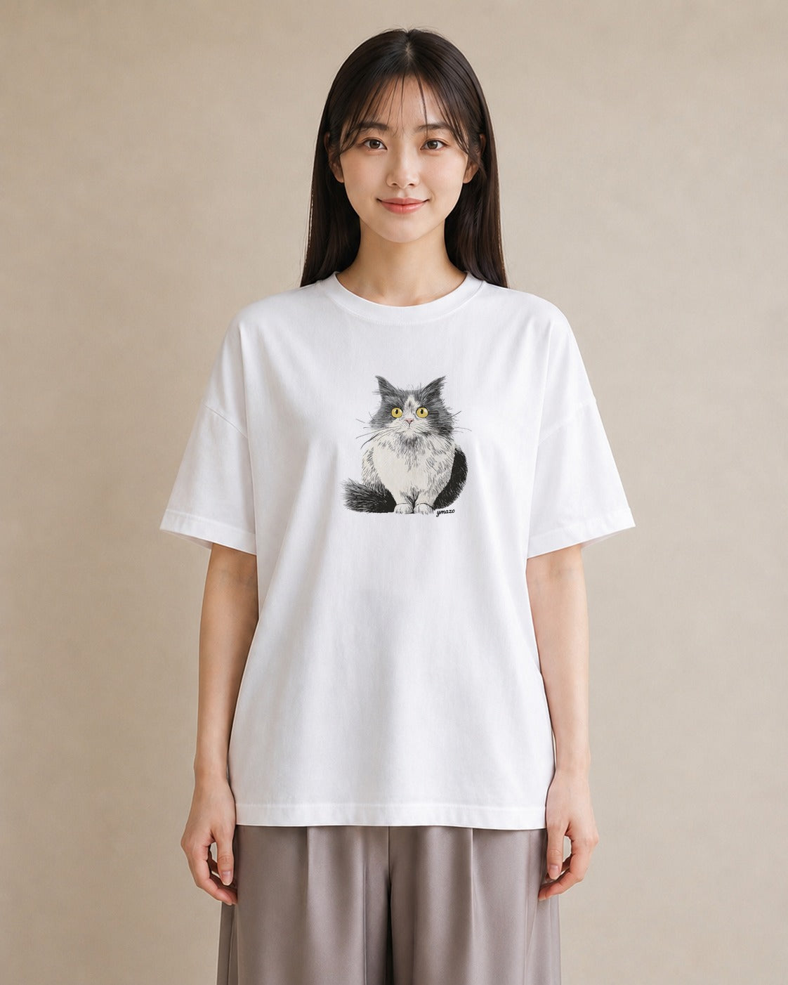 グラフィックTシャツ レディース ブリティッシュショートヘア 猫 ねこ イラスト アート風 秋コーデ おしゃれギフト 白T YMAZO