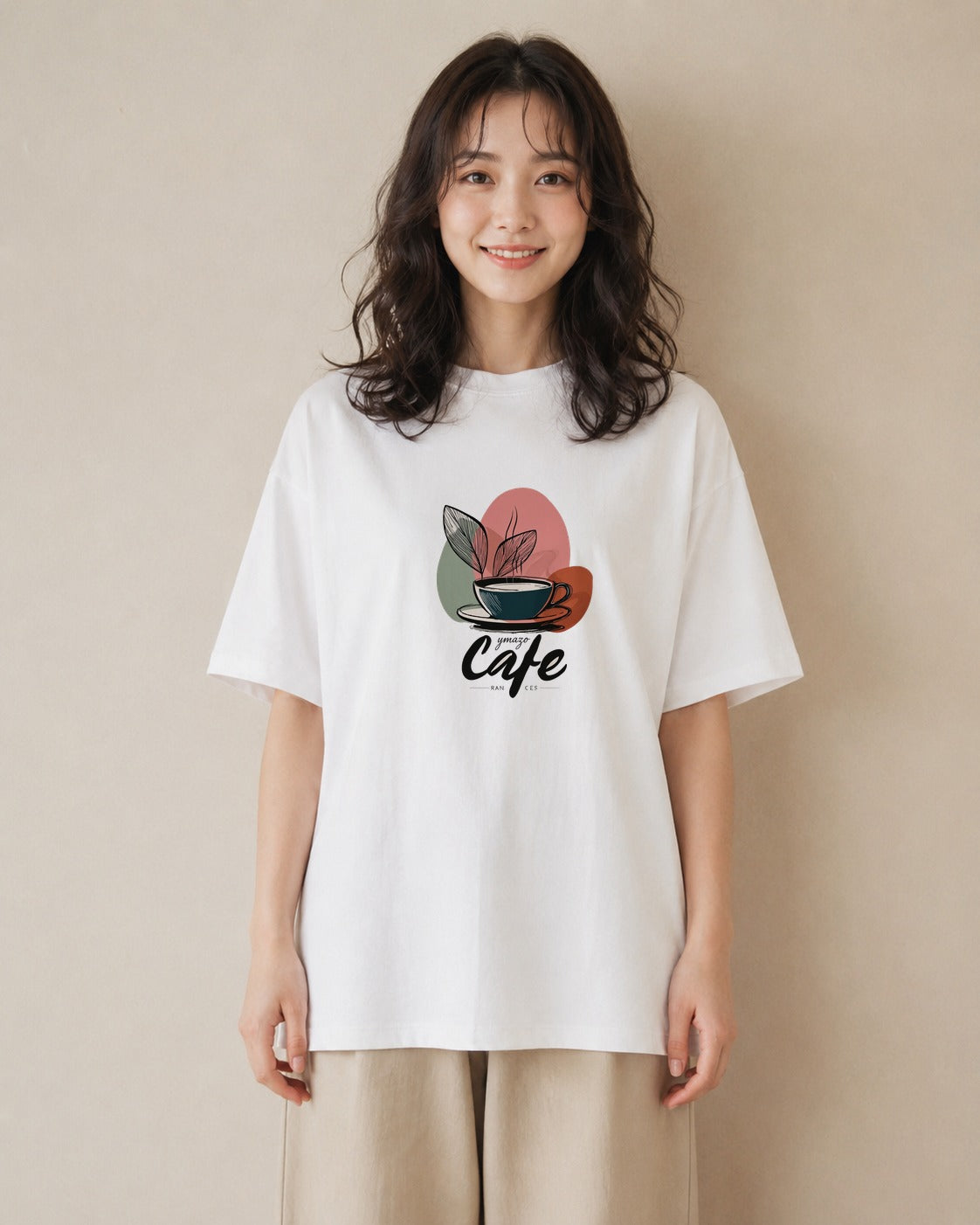 Tシャツ レディース カフェ カフェロゴ ロゴ イラスト ラフ レイヤード 白T YMAZO