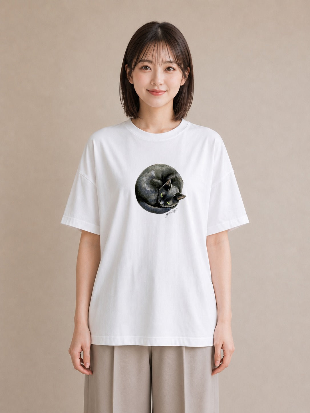 グラフィックTシャツ レディース サビ猫 猫 ねこ イラスト カフェコーデ 通勤 在宅 白T YMAZO