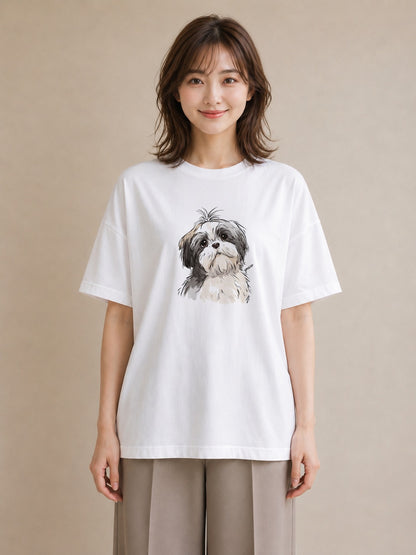 グラフィックTシャツ レディース ペキニーズ 犬 いぬ イラスト カフェコーデ ミセス 春コーデ 白T YMAZO