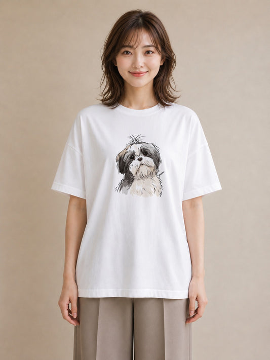 グラフィックTシャツ レディース ペキニーズ 犬 いぬ イラスト カフェコーデ ミセス 春コーデ 白T YMAZO