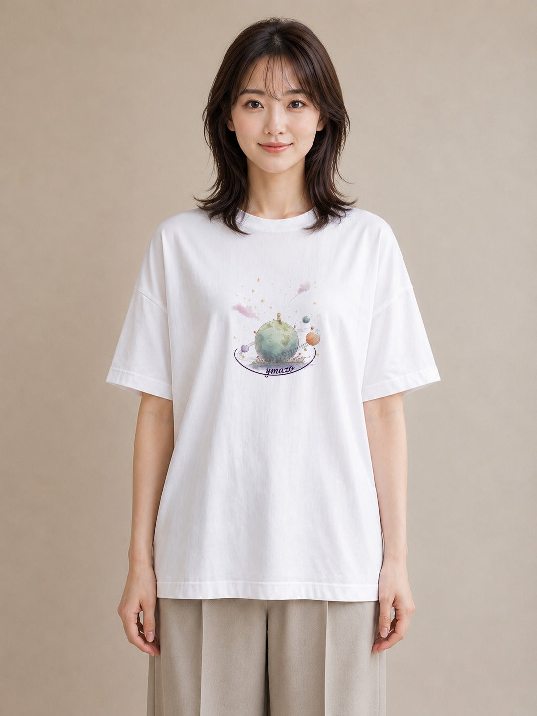 デザインTシャツ レディース プラネット 星空 宇宙 イラスト ナチュラル 買い物 夏コーデ 白T YMAZO