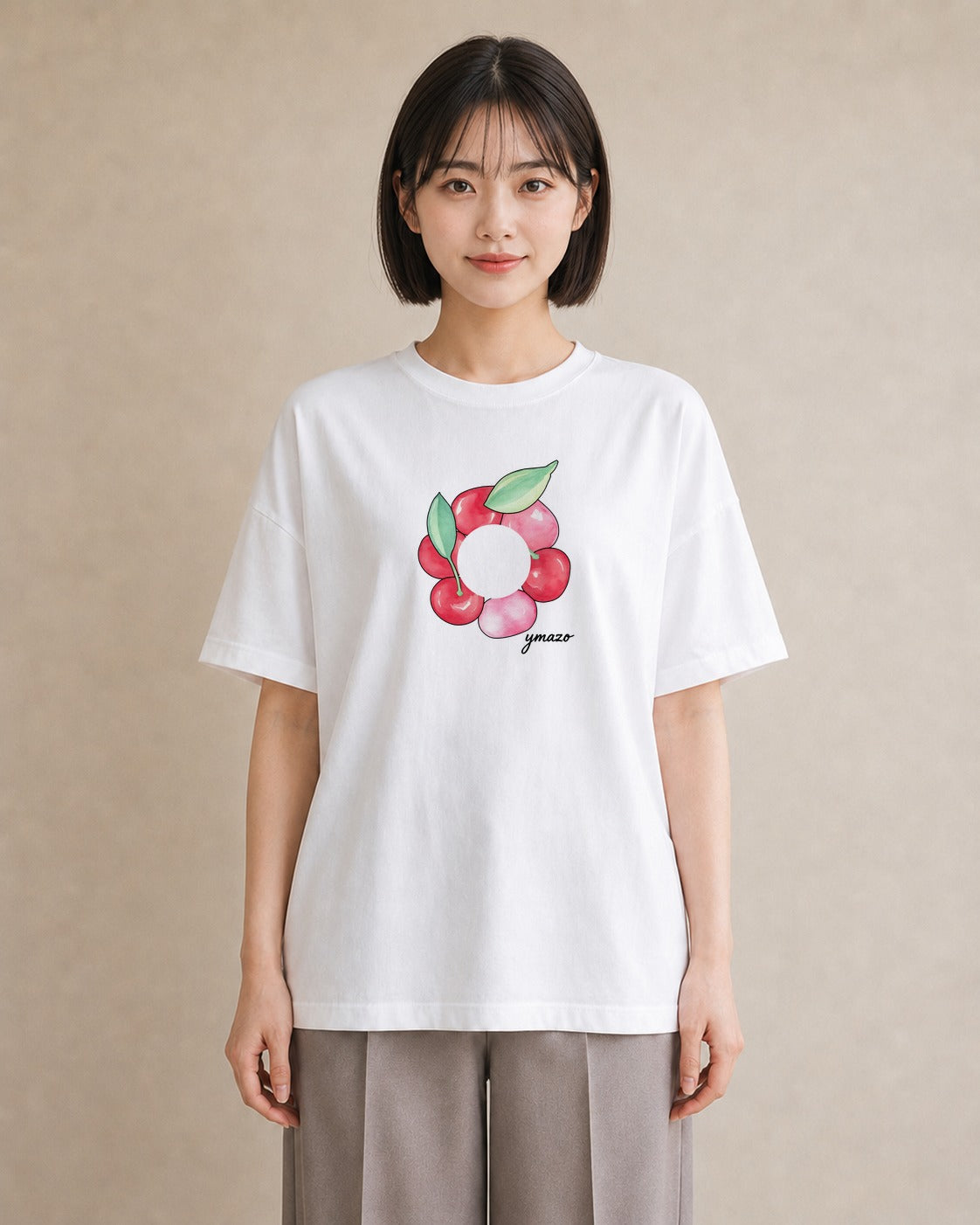 グラフィックTシャツ レディース さくらんぼ チェリー 食べ物 フード イラスト 抜け感 公園 ママ 白T YMAZO