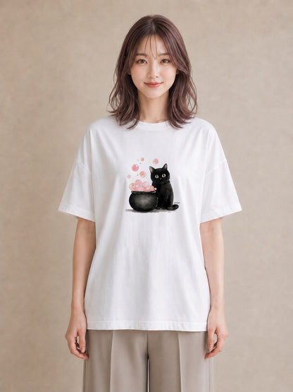 デザインTシャツ レディース ハチワレ 白黒猫 猫 ねこ イラスト 淡色 自分用 ルームウェア 白T YMAZO