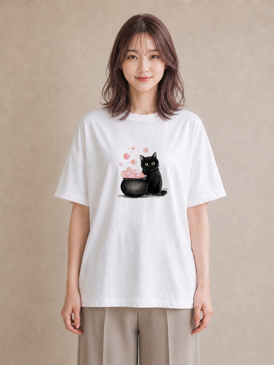 デザインTシャツ レディース ハチワレ 白黒猫 猫 ねこ イラスト 淡色 自分用 ルームウェア 白T YMAZO