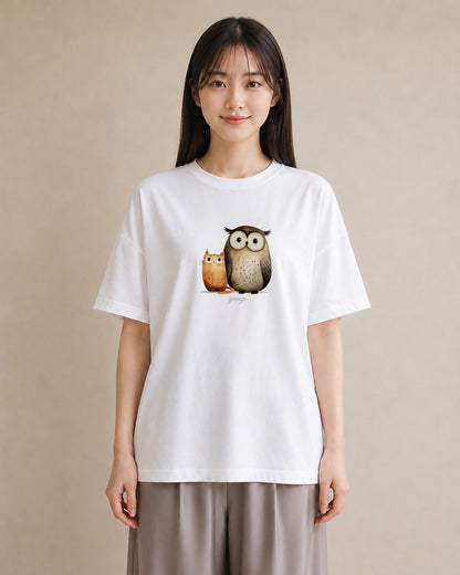 プリントTシャツ レディース シロフクロウ 動物 アニマル イラスト レトロ 姉妹 送別ギフト 白T YMAZO