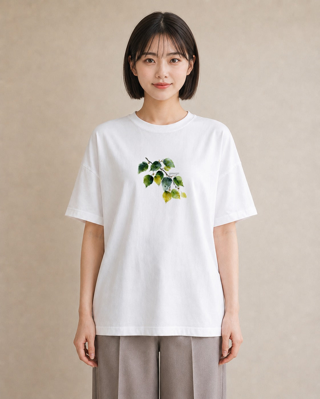 グラフィックTシャツ レディース 新緑 植物 ボタニカル イラスト 抜け感 ミセス 春コーデ 白T YMAZO