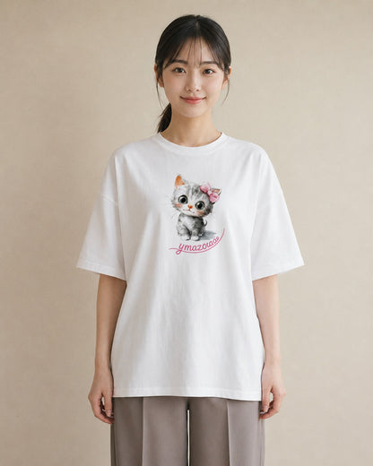 グラフィックTシャツ レディース 子猫 猫 ねこ イラスト 抜け感 敬老の日 ホワイトデー 白T YMAZO