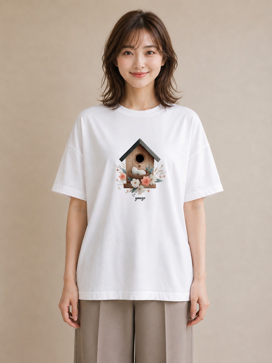 デザインTシャツ レディース 遠い家と鳥 風景 鳥 ナチュラル アンティーク イラスト ミニマル 綿100 デート 白T YMAZO