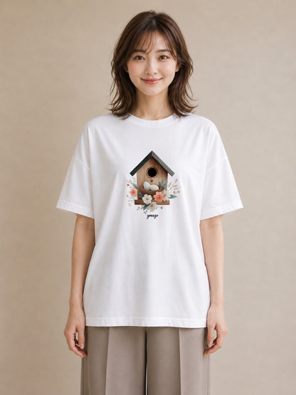 デザインTシャツ レディース 遠い家と鳥 風景 鳥 ナチュラル アンティーク イラスト ミニマル 綿100 デート 白T YMAZO