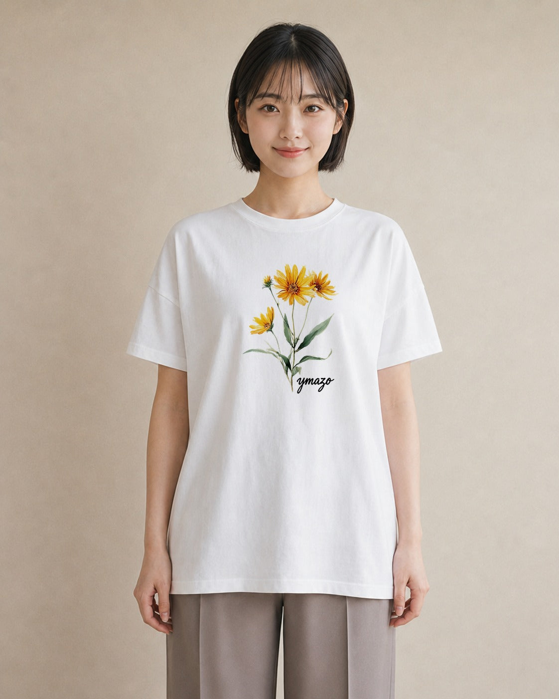 プリントTシャツ レディース ひまわり 向日葵 花 花柄 イラスト 普段使い 休日 ペアコーデ 白T YMAZO