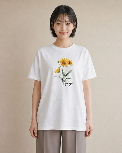 プリントTシャツ レディース ひまわり 向日葵 花 花柄 イラスト 普段使い 休日 ペアコーデ 白T YMAZO