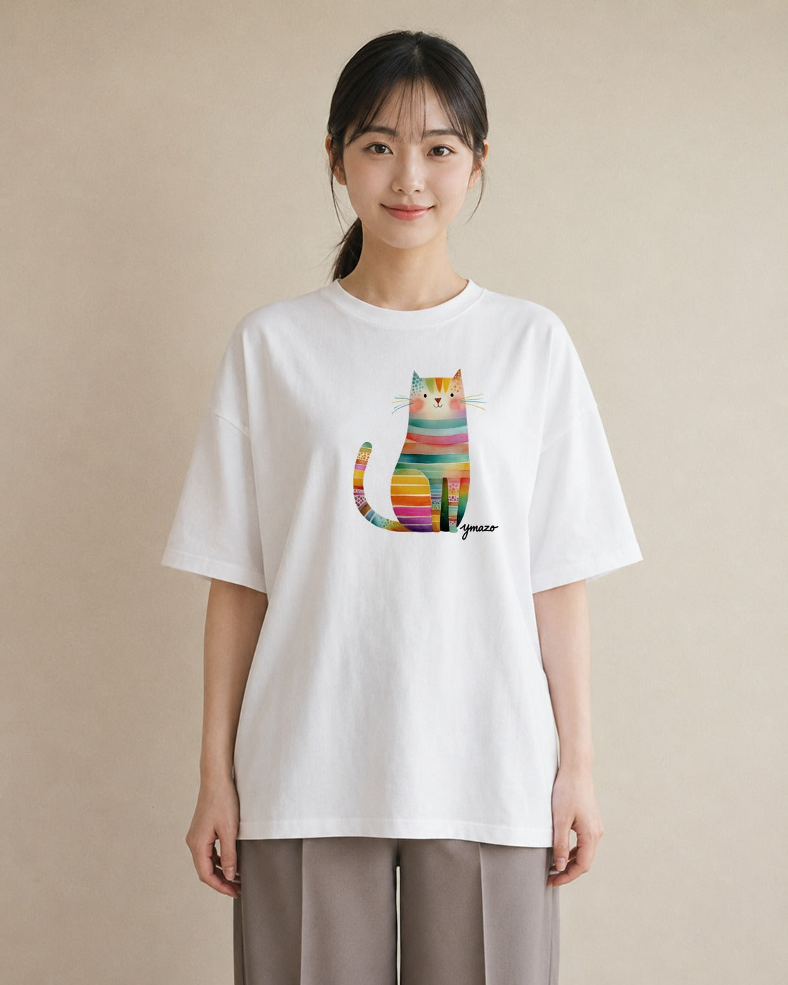 グラフィックTシャツ レディース ニャンコ 猫 ねこ イラスト 水彩風 女性 旅行用 白T YMAZO