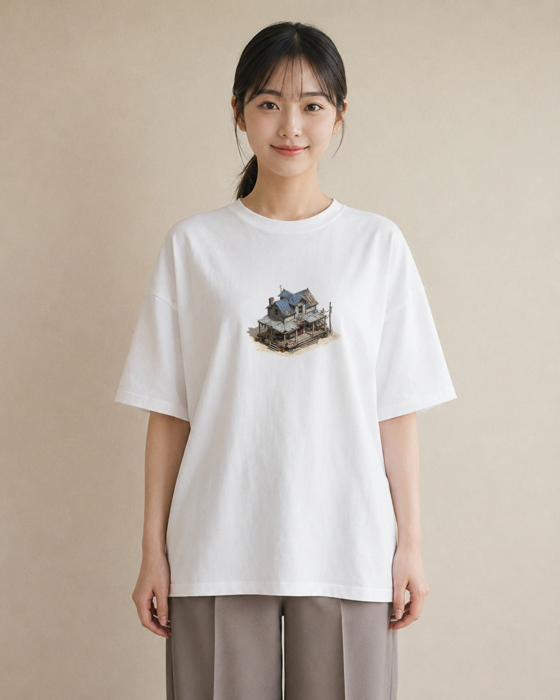 Tシャツ レディース 駅のホーム ローカル線 駅 ナチュラル アンティーク イラスト 手描き風 20代 カジュアルコーデ 白T YMAZO