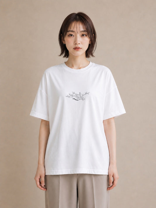 プリントTシャツ レディース さくら 桜 桜の枝 イラスト 淡色 カフェ服 クリスマス 白T YMAZO