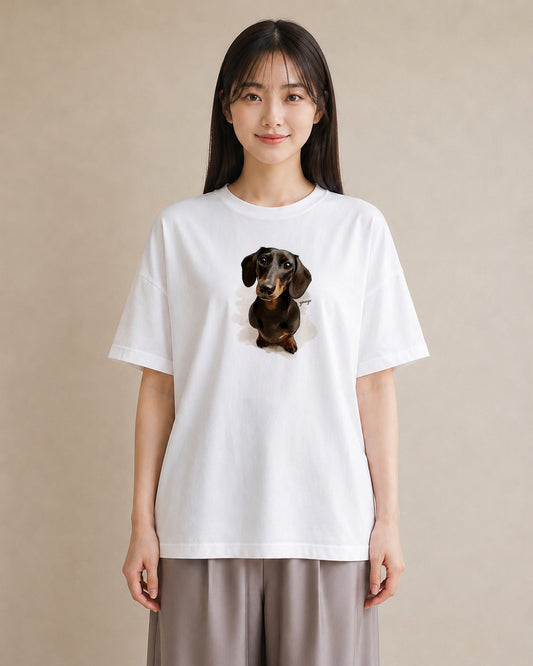 グラフィックTシャツ レディース ミニチュアダックスフンド 犬 いぬ イラスト ヴィンテージ風 親子 20代 白T YMAZO
