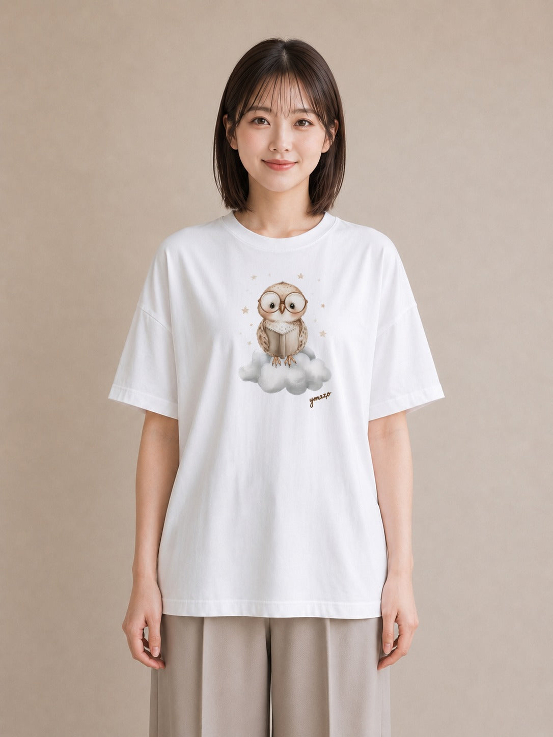 デザインTシャツ レディース シロフクロウ 動物 アニマル イラスト きれいめ ギフト 母の日 白T YMAZO