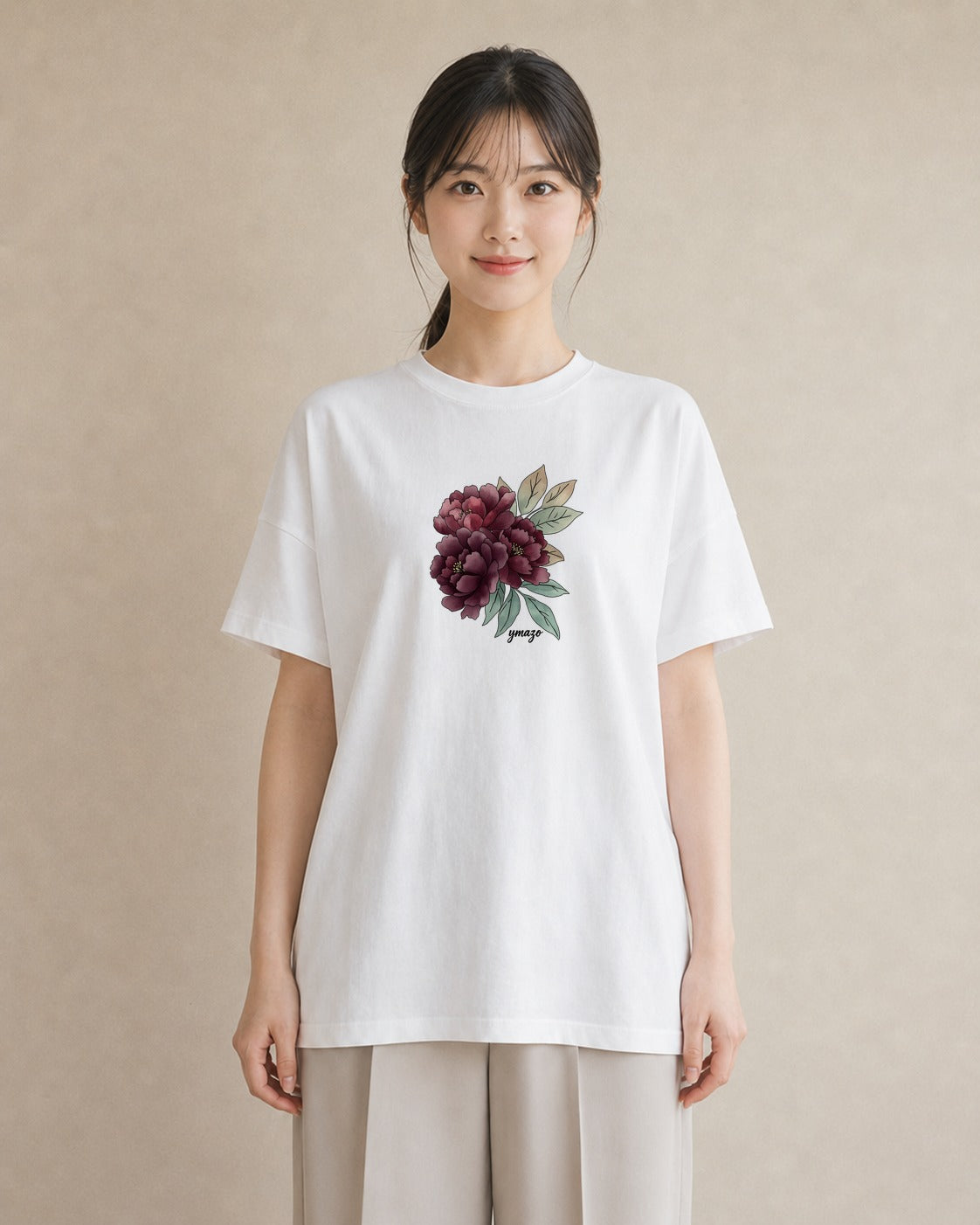 半袖Tシャツ レディース 牡丹 花 花柄 イラスト モード ラフ レイヤード 白T YMAZO