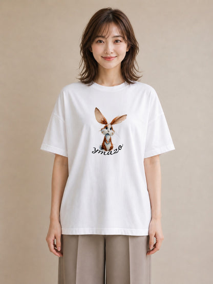 Tシャツ レディース ロップイヤー ペット 動物 イラスト アート風 ビーチ デイリーウェア 白T YMAZO