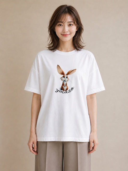 Tシャツ レディース ロップイヤー ペット 動物 イラスト アート風 ビーチ デイリーウェア 白T YMAZO