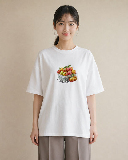 半袖Tシャツ レディース りんご 林檎 アップル 食べ物 フード イラスト こなれ感 女性 旅行用 白T YMAZO