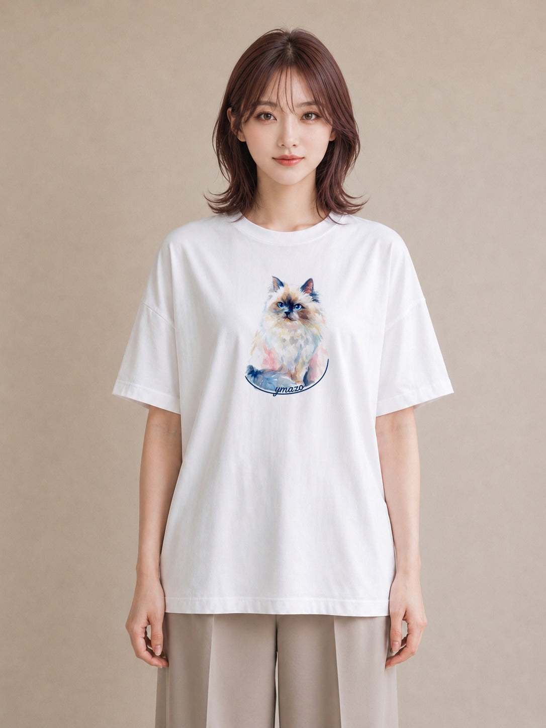 プリントTシャツ レディース ペルシャ 猫 ねこ イラスト きれいめカジュアル デイリーウェア 休日 白T YMAZO