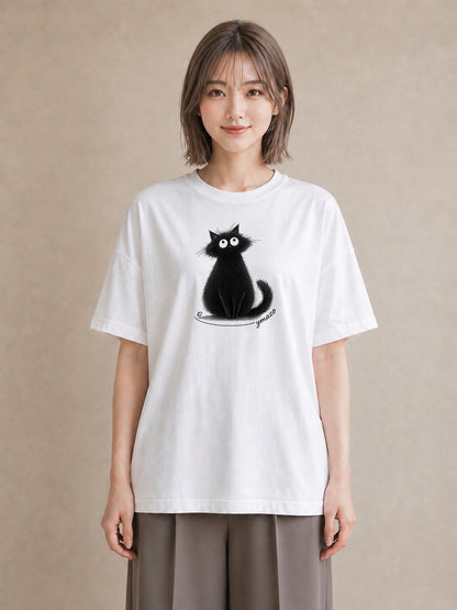 デザインTシャツ レディース 黒猫 猫 ねこ イラスト きれいめカジュアル 自分用 ルームウェア 白T YMAZO