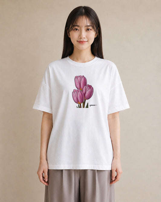 グラフィックTシャツ レディース チューリップ 花 花柄 イラスト シック 友達ギフト 部屋着 白T YMAZO